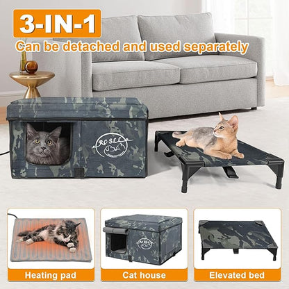 Heated Cat House for Outside, Outdoor Pet Warming Shelter with Time & Temperature Controler, Waterproof with Escape Door, Used Separately for All Four Seasons with Rain-Proof Eaves