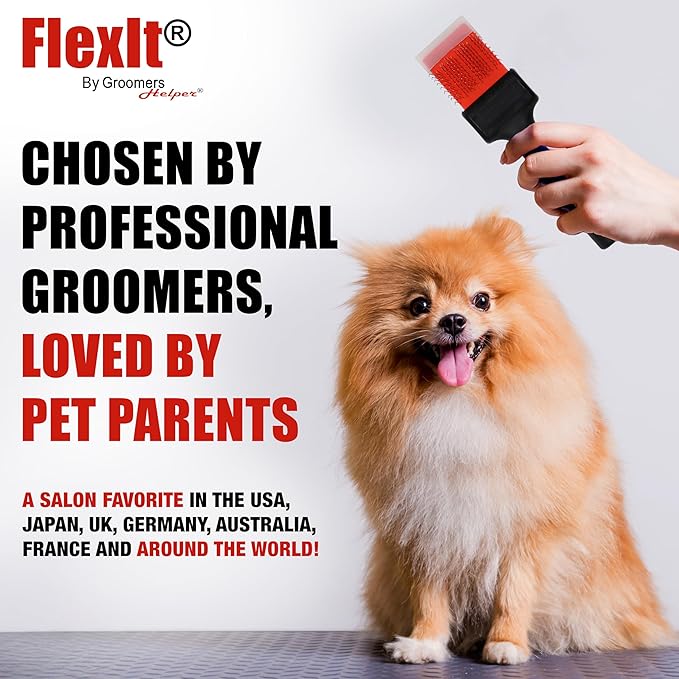 FlexIt Flexible Slicker Brush for Dogs - Professional 3-in-1 System & Video Trainings - Dual-Sided Dematting, Undercoating & Finishing Dog Grooming Brush by Groomers Helper (Double, Firm Flex)