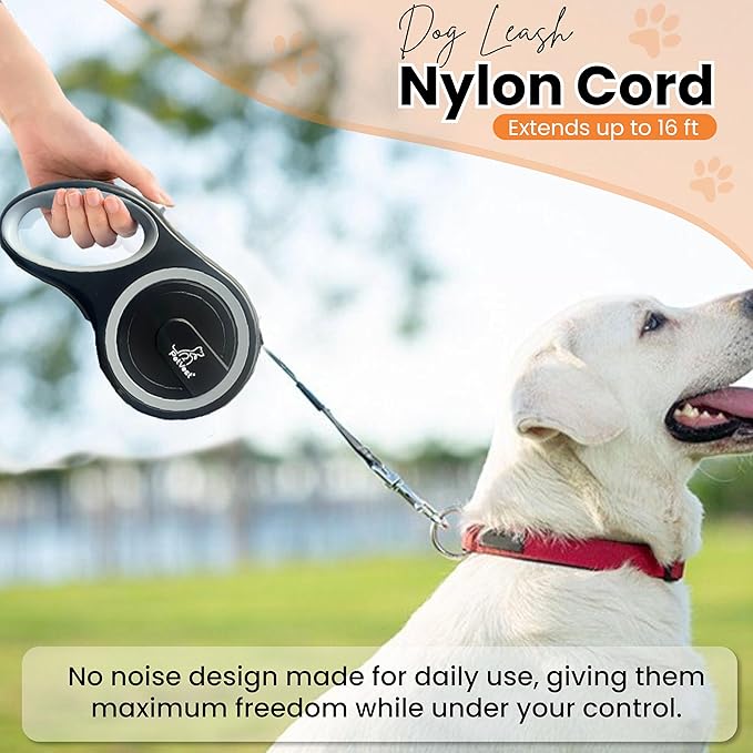 PetVest Retractable Dog Leash – Extendable up to 16 FT, Heavy Duty Nylon Tape, No-Tangle, One-Handed Brake & Lock, for Small to X-Large Dogs up to 110 lbs (Black)