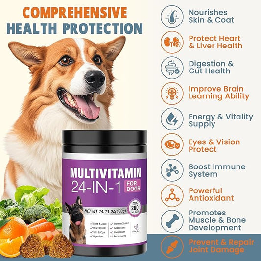 24-in-1 Dog Vitamins and Supplements 200 Ct Dogs Multivitamin Chewable Contain Chondroitin Probiotics Omega-3 Glucosamine for Dogs Skin Coat Heart Joint Gut Liver Brain Eyes Immune Support - Chicken
