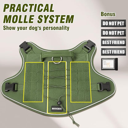 Tactical Dog Harness for Large Dogs,No Pull Military Dog Vest with Handle,Reflective Heavy Duty Pet Harness for K9 Working Walking Hiking Training Green XL