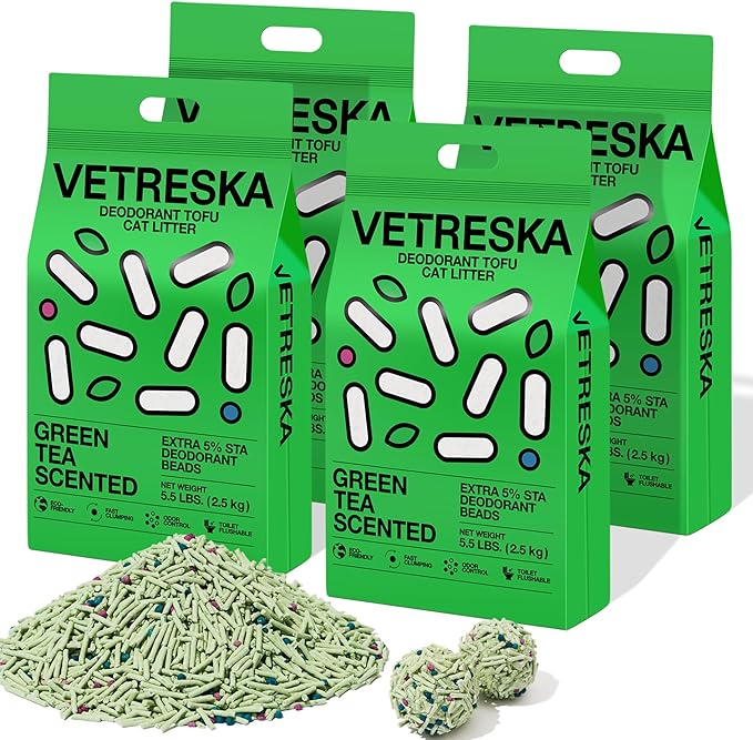VETRESKA Tofu Cat Litter, Natural Kitty Litter Strong Clumping Flushable Cat Litter Pellets Ultra Absorbent, Odor Control, Dust-Free, Low Tracking Eco-Friendly Tofu Litter, Greentea(5.5lb×4bags)