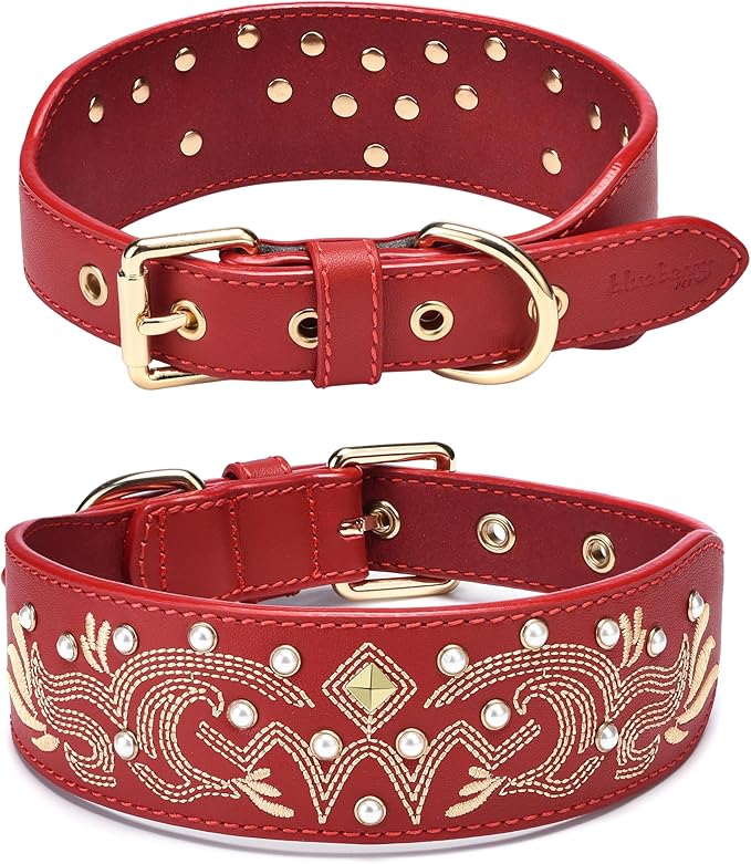 Blueberry Pet Western Leather Dog Collar - Genuine Leather with Floral Embroidery & Pearl Studs Adjustable 15-18 Inch Neck for Medium Dogs, Comfortable and Stylish Pet Collar