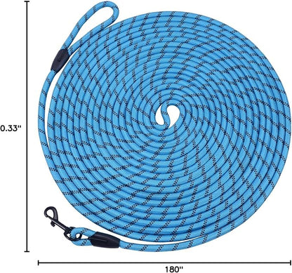 Long Dog Leash for Training 15Ft-Reflective Nylon Rope with Swivel Hook-Recall Agility Lead for Large Small Medium Dogs Outside Walking Hiking-Sky Blue