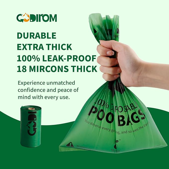 Certified 100% Home Compostable Poop Bags for Dogs, 120 Count Guaranteed Leak Proof and 18 Microns Extra Thick Waste Bag, 8 Rolls of Plant Based Doggie Poop Bag, No Scented with ASTM D6400 & EN13432