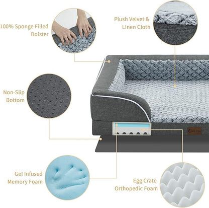 Casa Paw Orthopedic Dog Beds for Large Sized Dogs, Waterproof Memory Foam Large Pet Bed with Sides 36x27Inch, Non-Slip and Egg-Crate Foam Big Dog Couch Bed with Removable Washable Cover, Dark Grey