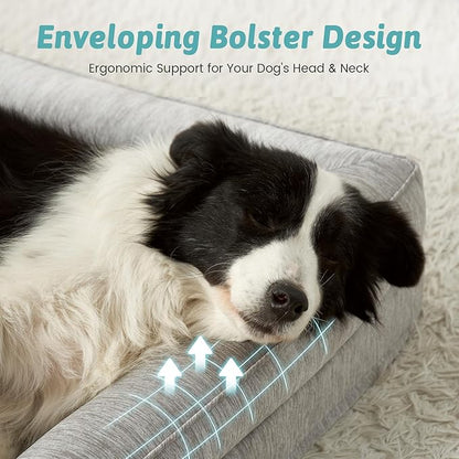 COZY KISS Cooling Dog Bed, Orthopedic Foam Dog Bed with Sides, Removable Cover & Waterproof Lining and Nonskid Bottom, Comfortable Pet Beds for Extra Large Dogs, Grey (48" L x 32" W x 7.5" Th)