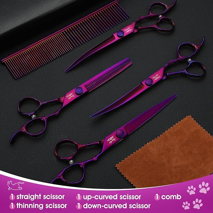 JASON Dog Grooming Scissors Set - Professional 6 in 1 Dog Shears Kit - 6.5" Thinning, 7" Straight, 7" Up-Curved, 7" Down-curved Scissors and Comb for Dog Cat Pet with Adjustable Screw (Purple) Gift