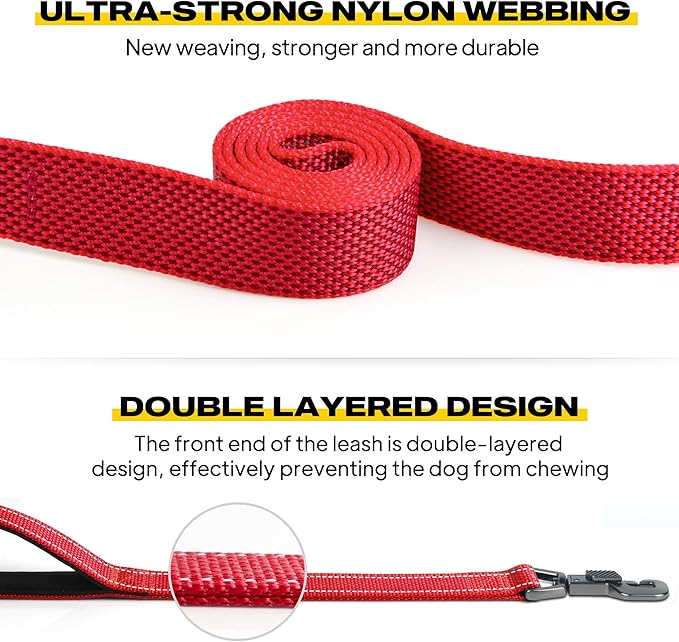 Fida 5 FT Heavy Duty Dog Leash with 2 Comfortable Padded Handles, Traffic Handle & Advanced Easy Snap Hook, Reflective Walking Lead for Large, Medium & Small Breed Dogs, Red
