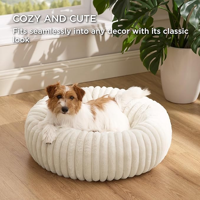 Bedsure ComfyFleece Donut Small Dog Bed - Dog Beds for Small Dogs with Corduroy Fleece & Anti Slip Bottom, Round Faux Fur Pet Beds with Washable Removable Cover, Cream, 27x27x8 inches
