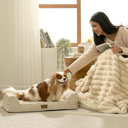 COZY KISS Orthopedic Dog Bed for Small Medium Size Dogs, Bolster Pet Couch with Waterproof Lining, Egg Crate Foam Sofa for Pets Up to 30 lbs, U-Shaped, 30x20x6.5 inch, Beige