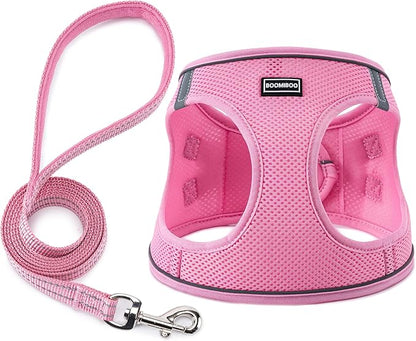 BOOMIBOO Dog Harness with Leash Set, No Pull Adjustable Reflective Step-in Puppy Pet Vest Harnesses for Small Medium Large Dogs and Cats,Pink S