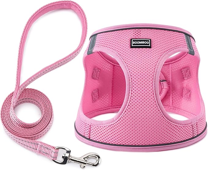 BOOMIBOO Dog Harness with Leash Set, No Pull Adjustable Reflective Step-in Puppy Pet Vest Harnesses for Small Medium Large Dogs and Cats,Pink L