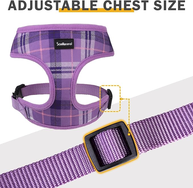 SCENEREAL No Pull Dog Harness Collar and Leash Set Small Medium Sized Dog, Soft Mesh Step in Puppy Harnesses, No Chock Plaid Adjustable Pet Vest for Outdoor Walking Training and Running, Purple S