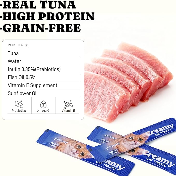 PETASTY Squeezable Lickable Cat Treats, Soft Creamy Puree with Vitamin E, Grain-Free & Protein Rich, Tuna Flavor Squeeze Tube Healthy Wet Cat Treat for All Life Stages Daily Use, 20 Count, 0.5oz Each