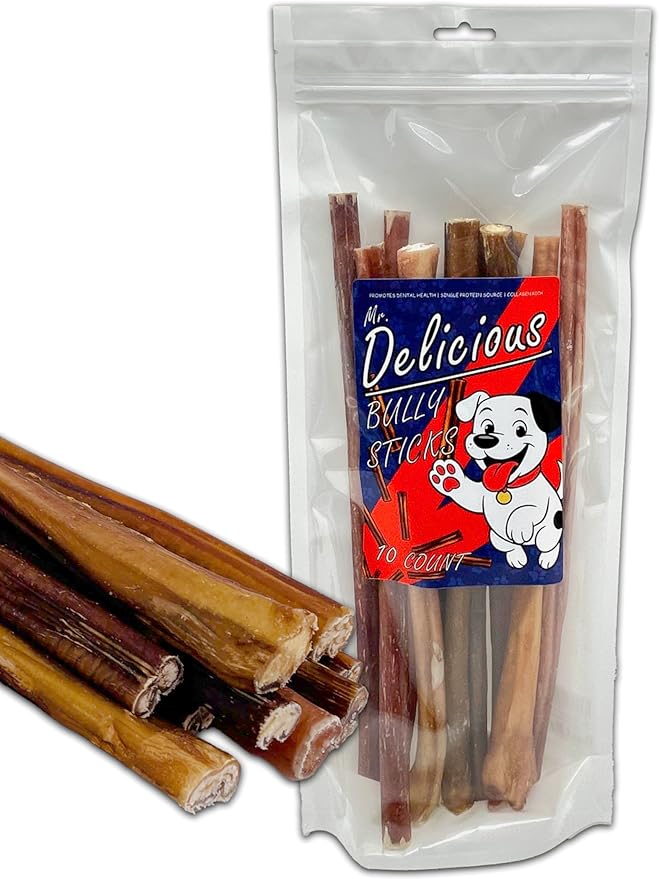 Mr. Delicious Bully Sticks for Dogs, 10 Count, 12 Inch Medium, Consistent Thickness, All Natural, Grass Fed, Rawhide-Free, Single Ingredient, Long Lasting Dog Chews