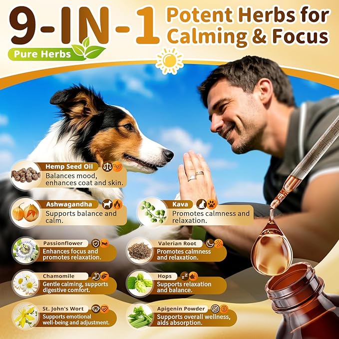 POPPAW Calming Drops for Dogs, Soothe Separation, Thunder & Fireworks Stress, Support Calmness, Focus & Cognitive Health, Promote Emotional Balance, for Dogs 12 Weeks+, Chicken Flavor, 1 FL.OZ