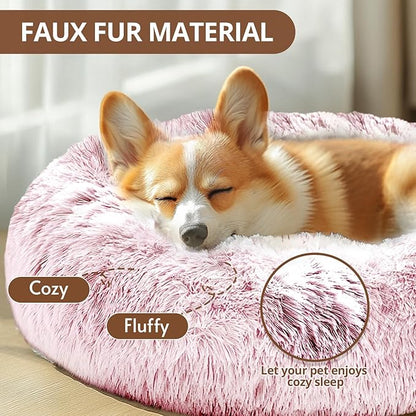 JOLLYVOGUE Calming Dog Bed Medium Size Dog, Anti-Anxiety Donut Medium Pet Bed, 31 inches Fluffy Faux Fur Round Cat Bed, Fits up to 45 lbs Pets (Smoke Pink)