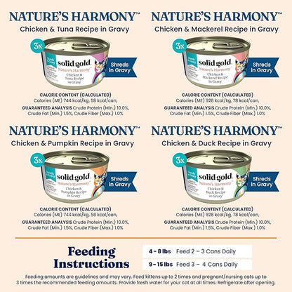 Solid Gold Wet Cat Food Variety Pack Shreds in Gravy - Healthy Canned Cat Food Made w/Real Chicken & Protein Shreds, Vitamins - Grain Free & Gluten Free Canned Meals for Cats & Kittens - 12ct/3oz Can