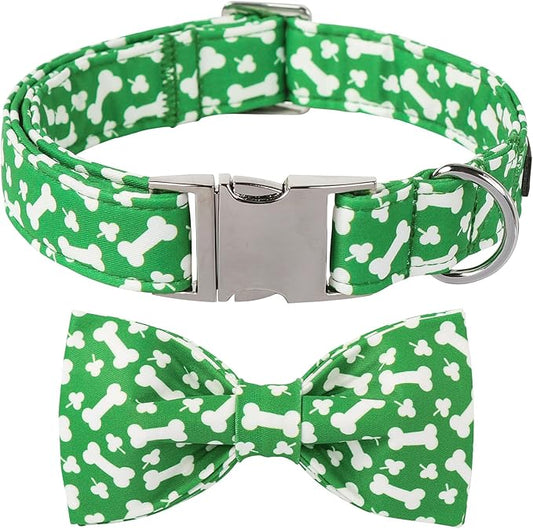 Lionet Paws St. Patrick Green Dog Collar, Bone Dog Collar for Large Dogs, Adjustable Cotton Clover Pet Collars for Medium Large Dogs