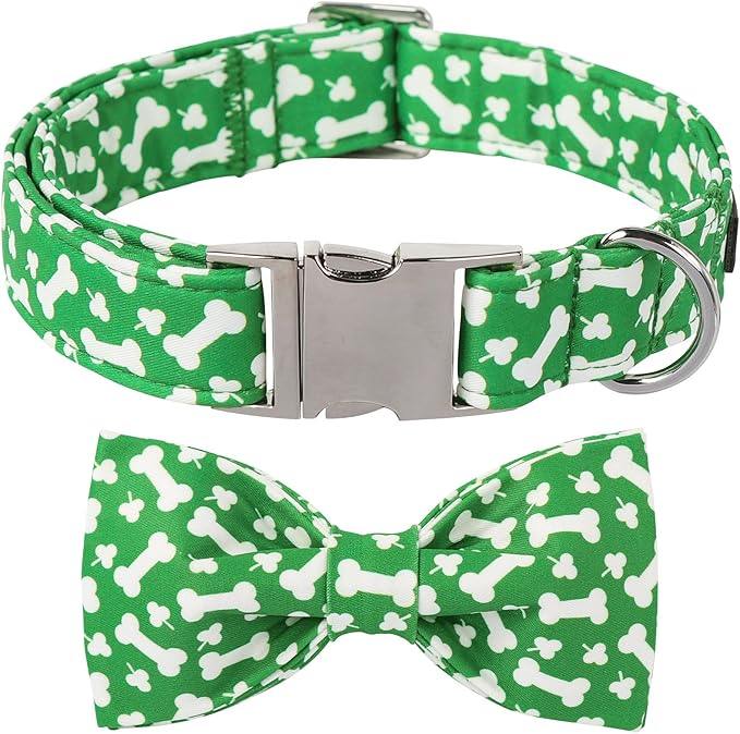 Lionet Paws St. Patrick Green Dog Collar, Bone Dog Collar for Small Dogs, Adjustable Cotton Clover Pet Puppy Collars for Small Dogs