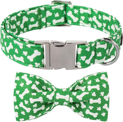 Lionet Paws St. Patrick Green Dog Collar, Bone Dog Collar for Medium Dogs, Adjustable Cotton Clover Pet Collars for Small Medium Dogs