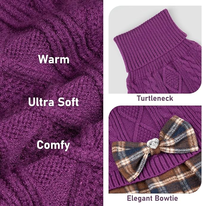 KYEESE Dog Sweater Soft Dog Sweaters for Small Dogs Girl Warm Turtleneck Dogs Clothes Comfy Knitwear Puppy Sweater Dress Thick Pet Coats with Bowtie Stretchy Pullover Cat Sweaters, Purple, X-Small