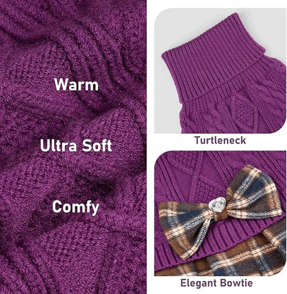 KYEESE Dog Sweater Soft Dog Sweaters for Small Dogs Girl Warm Turtleneck Dogs Clothes Comfy Knitwear Puppy Sweater Dress Thick Pet Coats with Bowtie Stretchy Pullover Cat Sweaters, Purple, X-Small