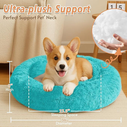 JOLLYVOGUE Calming Dog Bed Large Size Dog, Anti-Anxiety Donut Large Pet Bed, 36 inches Fluffy Faux Fur Round Cat Bed, Fits up to 75 lbs Pets (Aqua Blue)
