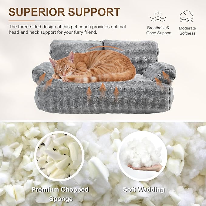Yaning Cat Couch Bed, Cute Soft Pet Sofa for Indoor Cats Kittens Puppies with Removable Washable Cover, 26"x15", Grey