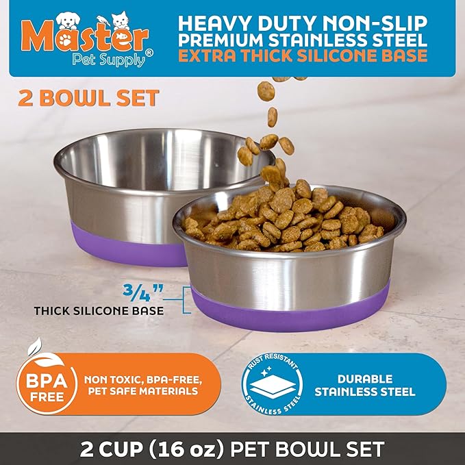 Master Pet Supply Stainless Steel Dog Bowls Set of 2 with Extra Thick Silicone Base - 2 Cup (16 oz) Plum Crazy, Non-Slip, Dishwasher Safe Metal Bowls, Pet Dog Food Bowl for Dogs, Cats, Anti Rust
