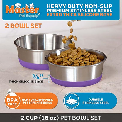 Master Pet Supply Stainless Steel Dog Bowls Set of 2 with Extra Thick Silicone Base - 2 Cup (16 oz) Plum Crazy, Non-Slip, Dishwasher Safe Metal Bowls, Pet Dog Food Bowl for Dogs, Cats, Anti Rust