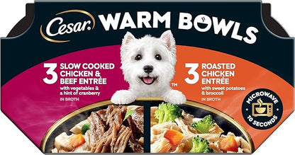Cesar Warm Bowls Wet Dog Food Variety Pack: Chicken & Beef; and Chicken Entrees, Wet Food for Dogs, 2.7 oz Bowls, 6 Count (Pack of 2)