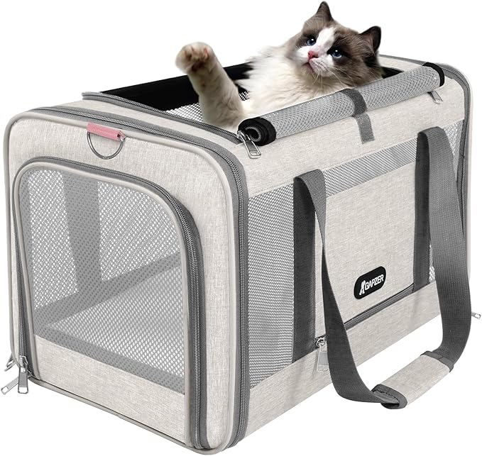 GAPZER Cat Carrier American Airline Approved 18x11x11, Top Opening Sturdy Soft Pet Carrying Bag See Through, Mini Dog Hard Bottom Crate Kennel Case, 4-Side-Ventilation Mesh Cage Toy Poodle Biege