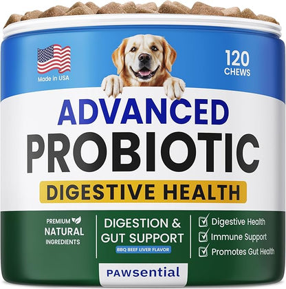Advanced Probiotics for Dogs - 120 Billion CFUs - Digestive Health & Enzymes - Diarrhea, Gas, Upset Stomach Relief & Season Allergy - Prebiotics Fiber Supplement - Pet Probiotics for Dogs - 120 Chews