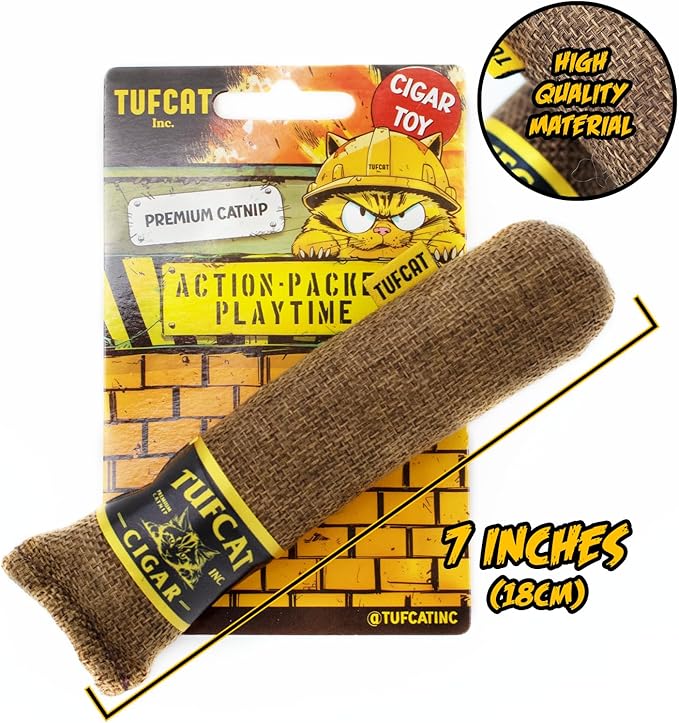 TUFCAT Cat Toy Cigar, Catnip Toys for Cats of All Breeds, Cat Toys for Indoor Cats, Kitten Toys, Action Themed Fun for Kicking, Biting, Chewing (Brown, 1-Pack)