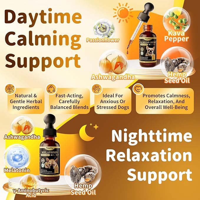 POPPAW Dog Calming & Melatonin Drops, Day & Night Calm Support Set, Anxiety & Stress Support Calming Treat, Enhance Calmness & Sleep for Separation, Travel, Fireworks & Thunder, Bacon Flavor, 2 FL.Oz