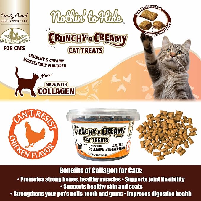 Fieldcrest Farms Nothin’ to Hide Collagen Cat Treats – Crunchy & Creamy Cat Snacks, High-Protein Healthy Treats for Skin, Coat & Joint Support, Chicken Flavor, 8 oz. Resealable Tub (Pack of 4)