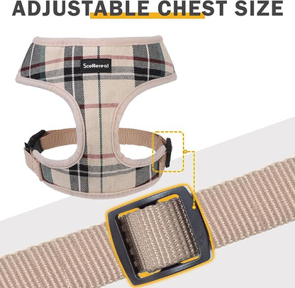 SCENEREAL No Pull Small Dog Harness Collar and Leash Set, Soft Mesh Step in Plaid Puppy Harnesses for Fall Winter, No Chock Adjustable Pet Vest for Outdoor Walking Training and Running, Beige S