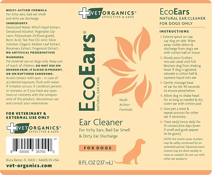 EcoEars Dog Ear Cleaner. Natural Multi-Action Formula. for Bad Discharge & Smell. Naturally Removes Foreign Matter and Cleanses The Most Difficult Ears. 100% Guaranteed