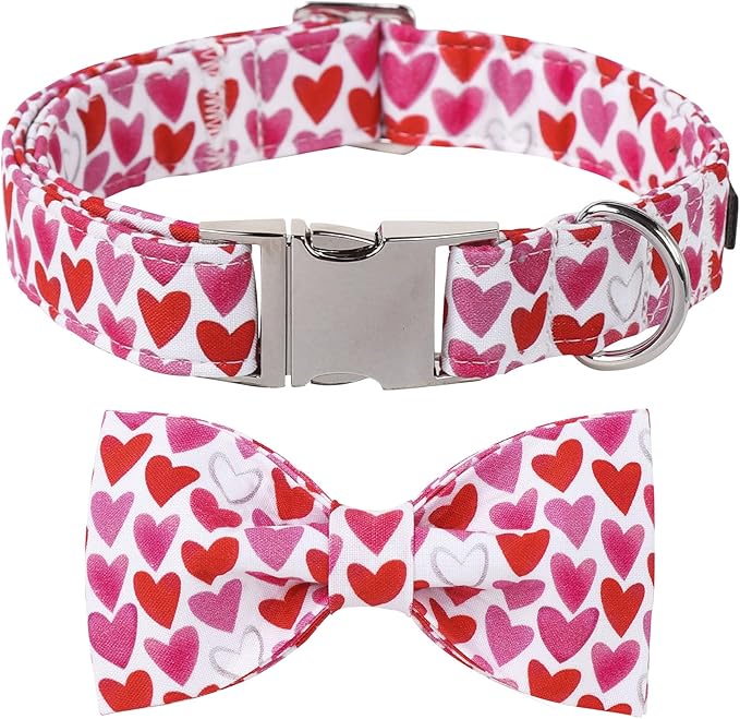 Lionet Paws Valentine's White Dog Collar, Cute Heart Dog Collar for Medium Dogs, Adjustable Cotton Pet Collars for Small Medium Dogs