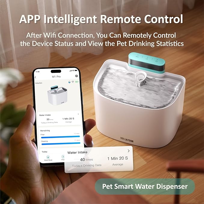PET LAYSON Pumpless Cat Water Fountain,App Remote Control Smart Cordless Battery Operated 3.6L/122oz Wireless 2.4GHz Wi-Fi Networks Rechargeable Water Dispenser (Black, M1Pro-2 Filter)