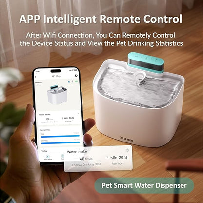 PET LAYSON Pumpless Cat Water Fountain,App Remote Control Smart Cordless Battery Operated 3.6L/122oz Wireless 2.4GHz Wi-Fi Networks Rechargeable Water Dispenser (White, M1Pro-16 Filter)