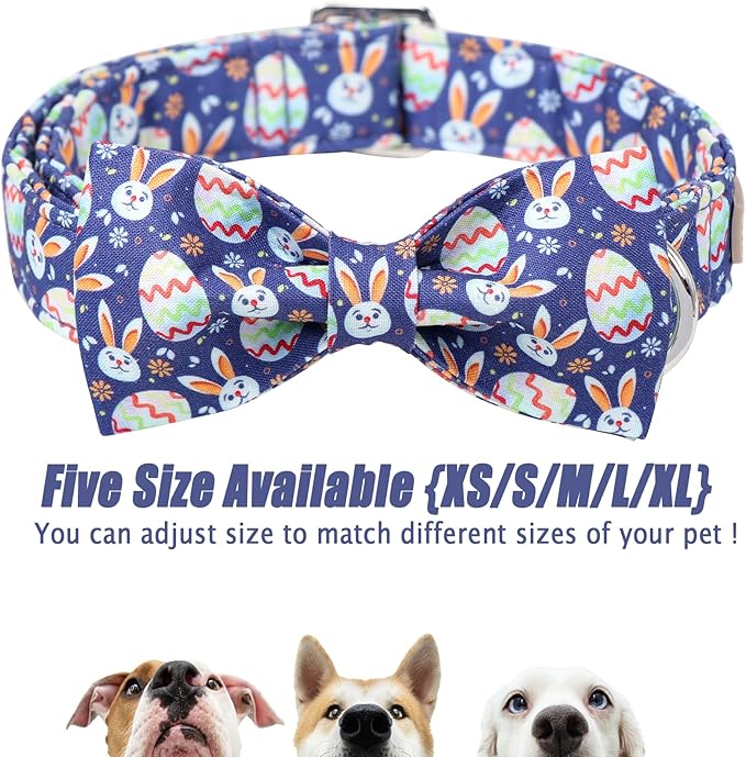 Easter Dog Collar with Bow Tie- Adjustable Easter Bunny Eggs Dog Collar Cute Rabbit Bowtie Metal Buckle Puppy Collars for Small Medium Large Dogs XS