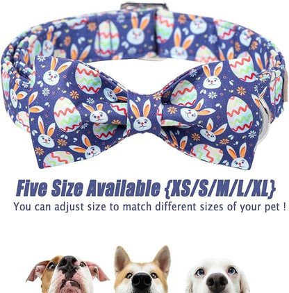 Easter Dog Collar with Bow Tie- Adjustable Easter Bunny Eggs Dog Collar Cute Rabbit Bowtie Metal Buckle Puppy Collars for Small Medium Large Dogs XS