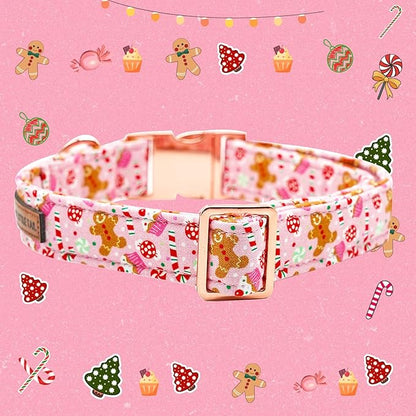 Elegant little tail Dog Collar, Christmas Pink Gingerbread Man Print Pet Collar Cute Dog Collars Male or Female Pet Gift Adjustable Dog Collar for Small Dogs