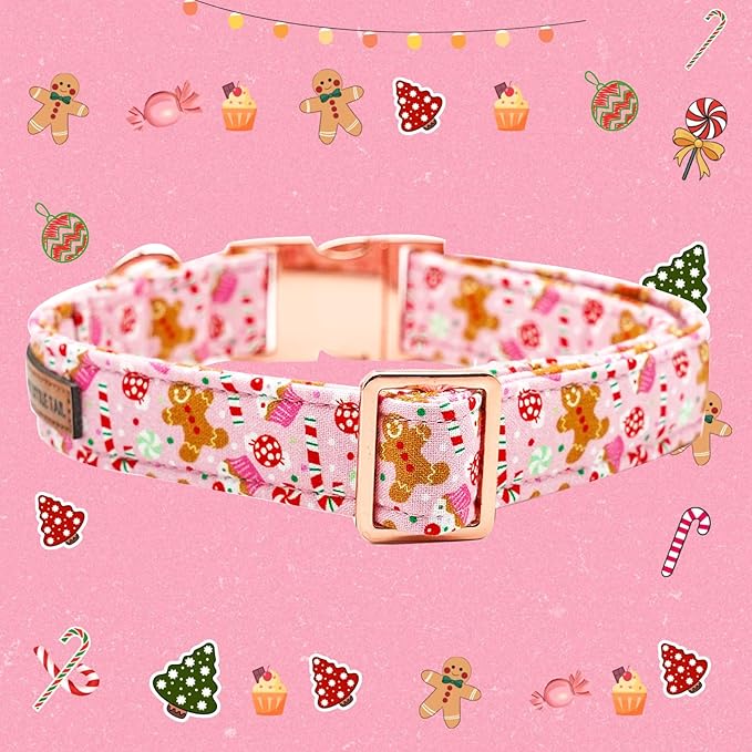 Elegant little tail Dog Collar, Christmas Pink Gingerbread Man Print Pet Collar Cute Dog Collars Male or Female Pet Gift Adjustable Dog Collar for Medium Dogs