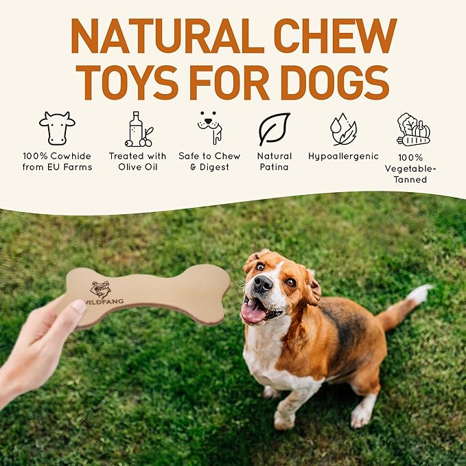 Wildfang® Leather Dog Toy, Large – Soft Dog Chew Toys for Gentle Chewers, Puppies, Senior or Older Dogs with Sensitive Teeth – Non-Toxic, Stuffless, 5mm Leather Bone for Dogs Over 33 lbs, Pack of 1