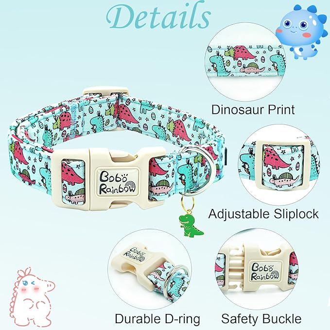 Dog Collar-Blue Pink Dinosaur Print Adjustable Pet Collars Soft Comfortable Puppy Collar Cute Cotton Collars Durable Gift for Large Dogs