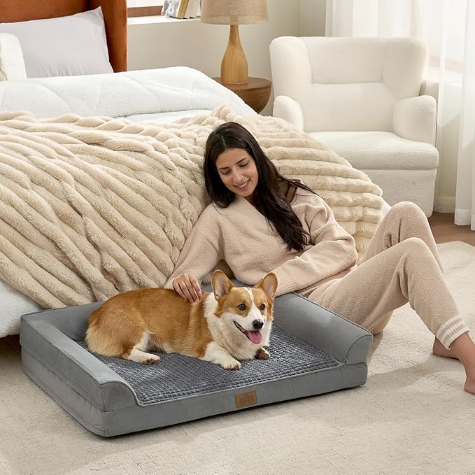COZY KISS Orthopedic Large Dog Beds, Bolster Pet Couch with Waterproof Lining, Egg Crate Foam Sofa for Pets Up to 65 lbs, U-Shaped, 36x27x6.5 inch, Grey